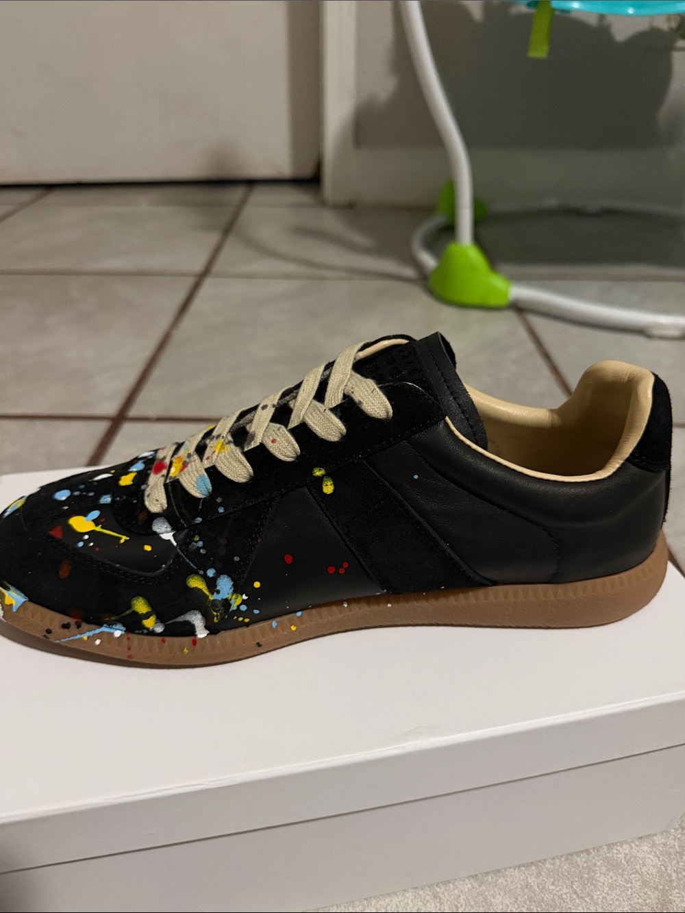 Maison Martin Margiela Black Leather Sneakers with Multicolor Paint Splatter